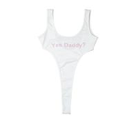 Choomomo Womens Deep U Back High Cut Thong Leotard Bodysuit One Piece Letters Printed Monokini Swimsuit White One Size