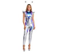 Choomomo Womens Futuristic Alien Astronaut Bodysuit Sci Fi Convention Space Costume for Halloween Cosplay Silver A M