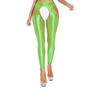 Choomomo Womens Glossy Shiny Opaque Pantyhose Open Crotch Tights for Valentine's Day Fluorescent Green M
