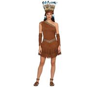 Choomomo Womens Primitive Man Tribe Princess Cosplay Costume One Shoulder Fringe Dress and Headdress Set Brown Blue 4XL