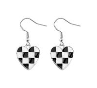 CHOORO Black & White Heart Shape Checker Earrings Fun Chess Board Jewelry Funny Gift for Chess Player, Stainless Steel, No Gemstone