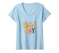 Choose Joy Inspirational Retro Print for Positivity Lovers V-Neck T-Shirt, Women, Baby Blue, S