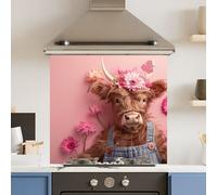Choose Your Print Premium 70 X 65Cm Pink Floral Cow 6mm Glass Toughened Kitchen Splashback - Heat Resistant Polished Edges