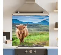 Choose Your Print Premium 74.5 X 59.5Cm Green Highland Cow 6mm Glass Toughened Kitchen Splashback