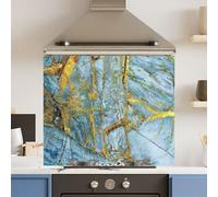 Choose Your Print Premium 90 X 75Cm Light Blue Gold Marble 6mm Glass Toughened Kitchen Splashback - Heat Resistant Polished Edges