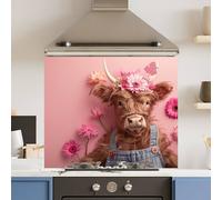 Choose Your Print Premium Pink Floral Cow 6mm Glass Toughened Kitchen Splashback | Size: 600mm x 650mm Choose Your Print Multicolor 600mm x 650mm