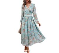 ChooTeeYeen Women's Spring Wrap Maxi Dress Floral V Neck Long Sleeve Wedding Guest Party Casual Chiffon Dress, Lake Blue Flowers, L