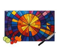 Chopping Board Glass Extra Large - Stained Glass Mosaic Circle Geometric Cutting Board - Heat-Resistant Toughened with Non-Slip Feet, Hygienic & Easy-Clean Worktop Protector