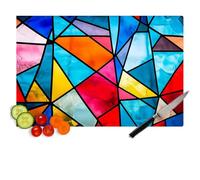 Chopping Board Glass Large - Blue Red Yellow Green Stained Mosaic Pattern Geometric Cutting Board - Heat-Resistant Toughened Glass with Non-Slip Feet, Hygienic & Easy-Clean Kitchen Worktop Protector