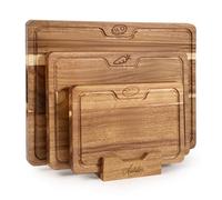 Chopping Board Set Made of Acacia Wood, 3-Piece 40 x 30 cm / 33 x 24 cm / 26 x 18 cm - 2 cm Thick with Deep Juice Groove Grip Engraving and Holder Kitchen Board Wooden Chopping Boards for Meat