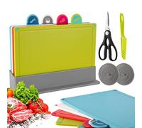 Chopping Board Set of 4, Plastic Index Cutting Board with Stand & Food Icons, Non Slip Color Coded Chopping Boards for Kitchen, Dishwasher Safe - Round Index Icon