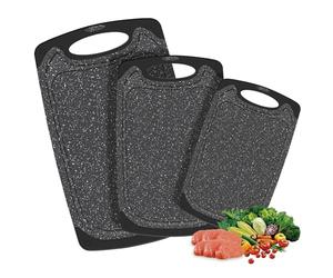 Chopping Boards for Kitchen, 3 Set Plastic Chopping Board, Dishwasher Safe Kitchen Plates for Meat, Vegetables, Bread and Fruits with Handle, Juice Grooves, Non-Slip Rubber (Black Marble)