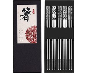 Chopsticks Metal Reusable 304 Stainless Steel Chop Sticks Dishwasher Safe Multipack with Laser Engraved Pattern Fancy Lightweight Reusable Chopsticks for Japanese Korean Chinese Food 5 Pairs Gift Set