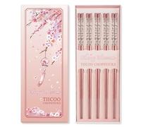 Chopsticks Reusable 18/8 Stainless Steel Chopsticks Pink Sakura Laser Engraved Metal Chop Sticks Non-Slip Dishwasher Safe Japanese Korean Chopstick for Cooking Eating 5 Pairs Premium Gift Set