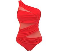 CHOSERL Women´s One Shoulder Swimwear Monokini Swimsuit See Through Mesh Bikinis One Piece Swimming Costume (Red, XXXL)