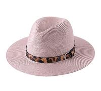 CHOSERL Women Wide Brim Straw Panama Roll up Hat Leopard Belt Fedora Hats Beach Summer UPF50 Sun Hat (Pink-Leopard, One Size)