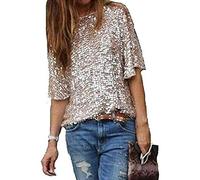CHOSERL Women's Summer Sequins Tops Glitter Party Shirt Short Sleeve Sparkle Blouses T-Shirt (Gold, XXL)