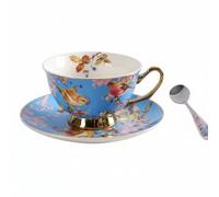 Chosertory Ceramic Coffee Mug and Spoon Set Gold Rim Floral Illustration Reinforced Ceramic Smooth Finish Easy to Clean Suitable for Afternoon Entertaining Office use Gift Giving, Blue