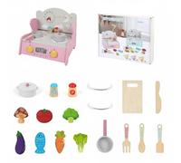 Chosertory Children Play Kitchen Wooden Play Kitchen Set Toy Kitchen Cooking Playset With Accessories Utensils And Built In Clock Suitable for preschool, Large, Pink With Fruits