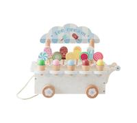 Chosertory Wooden Pretend Ice Cream Cart Wheeled Ice Cream Cart with Pull Handle Screen Pull Along Dessert Stand for Kids, White