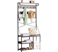 CHOSHOME Coat Rack Hallway Stand and Shoe Storage, Free Standing Hall Tree with Bench and Top Shelf, 15 Hooks and 2 Side Hooks, 83×29×180cm Vintage Brown and Ink Black for Hallway Entryway Living Room