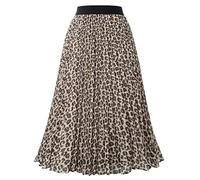CHOUBAGUAI Elegant Lady Midi Skirt Womens High Waist Pleated A-Line Skirt Solid Color Knee Length Swing Skirts Yough Girls Clothes-Coffee Leopard,M