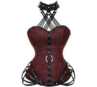 CHOUBAGUAI Gothic Plus Size Leather Halterneck Steel Boned Overbust Corset And Bustier Tops Women Shaper Body Vintage Steampunk Corselet-Red-M