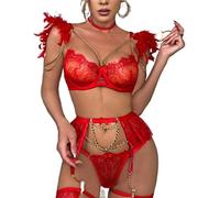 CHOUBAGUAI Red Feather Lingerie Transparent Lace Bra with Chain Sets 3 Piece Set Costumes-Red,S