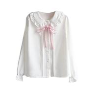 CHOUBAGUAI Women's white shirt long-sleeved Peter Pan collar pink bow chiffon shirt JK school uniform top-chiffon shirt,S