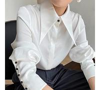 CHOUX Autumn Vintage Satin Silk Shirt Elegant Lapel Shirt White Long Sleeve Shirt Top-White,S