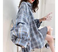 CHOUX Korean Style Basic Plaid Blouses Women Oversized Harajuku Daily All-match Long Sleeve Chic Shirt Female Female Clothing-Blue,M