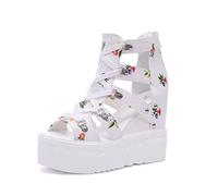 CHOUX Summer Wedges Shoes Flowers Peep toe Sandals Women Flat Platform Shoes Height Increasing Super High Wedge Heel-White,4.5