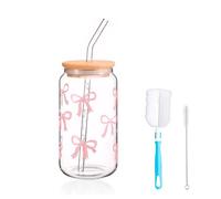 Chovbe 16oz Glass Cups with Lids and Straws, Iced Coffee Cup, Elegant Bow Design Bubble Tea Cup, Drinking Glasses for Cocktail, Whiskey, Soda