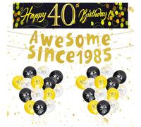 Chovbe 40th Birthday Decorations Black Gold - Happy 40th Birthday Banner, Party Supplies Set, Awesome Since 1985 Bunting for Men & Women Party Celebrations