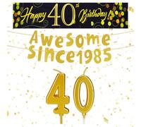 Chovbe 40th Birthday Decorations for Men - Black and Gold 40th Birthday Banner, Awesome Since 1985 Bunting, Gold Number Candles for Men & Women Party Celebrations