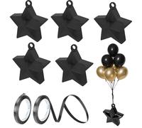 Chovbe 6 Pcs Balloon Weight with Ribbon, Star Foil Helium Balloon Weights for Birthdays, Parties, Weddings, Table Decorations and Celebrations (Black, with 2 Rolls of 5M Ribbon)