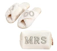 Chovbe Bride to Be Gift Set - "MRS" Makeup Bag & "I Do" Slippers - Bridal Shower & Wedding Gifts for Bride