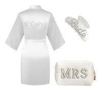 Chovbe Bride to Be Gift Set - White Satin Pyjamas, Bride Shark Hair Clip, MRS Cosmetic Bag, One Size, Perfect for Wedding, Hen Party, Bridal Shower