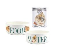Chow Chow Pet Bowls & Treats Canister Set - Painted Dog Portraits by Rhiannon Chauncey - Large White Ceramic Food & Water Dishes and Clip-Lid Tinplate Canister For Dogs (Set of 3)