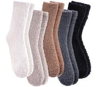 CHOWISH Women's Fuzzy Slipper Socks Super Soft Microfibre Fluffy Cosy Winter Warm Fuzzy Crew Socks, 5 pairs of plain, One Size