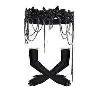 choyaxo 1920s Flapper Great Gatsby Accessories Set 1920s headpiece Roaring 20s Headband Long Gloves for Women, Black, Standard
