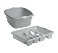 CHPL 2-Piece Kitchen Sink Accessory Set - Heavy-Duty Plastic Dish Drainer & 39cm Rectangular Washing Up Bowl - Perfect for Daily Washing, Draining, and Organising Needs (Silver)