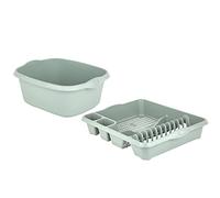 CHPL 2-Piece Plastic Sink Organiser Set - Large-Capacity Dish Drainer Rack with 39cm Washing Up Bowl - Sturdy & Easy-to-Clean Kitchen Essentials - Perfect for Washing & Storage - Silver Sage
