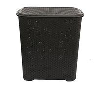 CHPL 45L Litre Small Laundry Basket With Lid Plastic Rattan Style Knit Design Laundry Hampers Washing Baskets Bin with Handles Dirty Linen Clothes Basket Bin for Bathroom Bedroom - (Black)