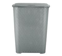 CHPL SILVER 65 Litre Rattan Style Drop All Laundry Basket with Hinge Lid & Knit Design Basket | Linen Storage Clothes Organiser Bin | Space Saving Basket For Bathroom, Bedroom. (Silver)