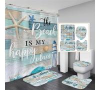 Chrainy 4Pcs Nautical Ocean Shower Curtain Sets Sea Wooden Bathroom Set Decor with Non-Slip Rugs Bath U-Shaped Mat Toilet Lid Cover Starfish Lighthouse Bathroom Curtain Shower Set with 12 Hooks