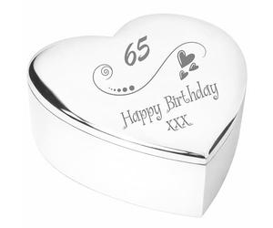 Chris Bag Of Goodies 65th 65 Sixty Fifth Birthday Gift Silver Finish Heart Shaped Engraved Trinket Box Keepsake Present Idea for Her Mum Sister Friend Wife Women