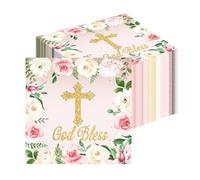 Chris.W 100Pcs God Bless Floral Napkins, Pink Flower Disposable Paper Napkins, Baptism & First Holy Communion Party Supplies, Christening Mi Bautizo Baby Shower Religious Decor (Pink)