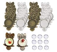 Chris.W 48Pcs Pendant Trays Kit, 24Pcs Owl Pendant Bezel (Silver and Bronze) with 24Pcs Glass Cabochon Clear Dome for Photo Pendant Craft Jewelry Making