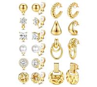 Chriscoco 10Pairs Clip On Earrings for Women 14K Gold Plated Clip Earring Non Pierced CZ Pearl Knot Twist Chunky Hoop Stud Clip-on Earrings Set Hypoallergenic Statement Fake Earring